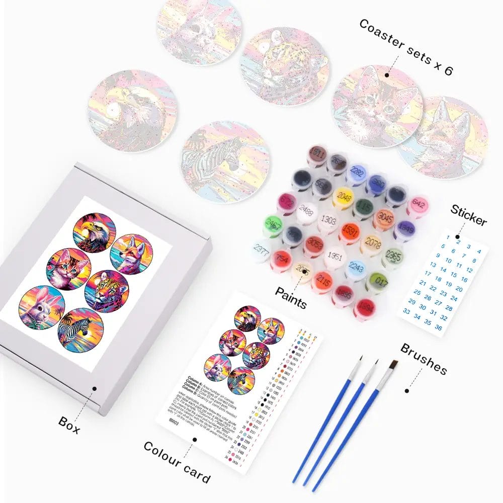 Colorful Animals - Tiger Fox Cat Coasters DIY Paint By Numbers