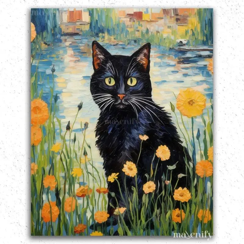 Black Cat and Flowers - Paint By Numbers