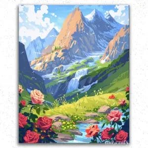 Red Flowers and Mountains
