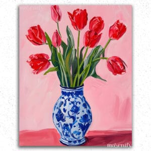Red Tulips in Blue Vase