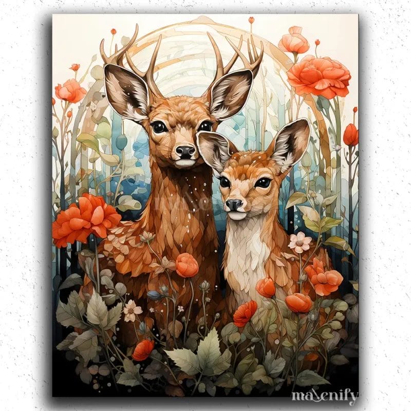 Flowers and Two Deer