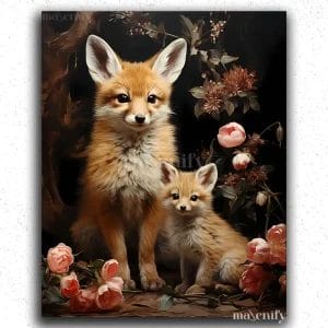 Baby Foxes in Flower Garden