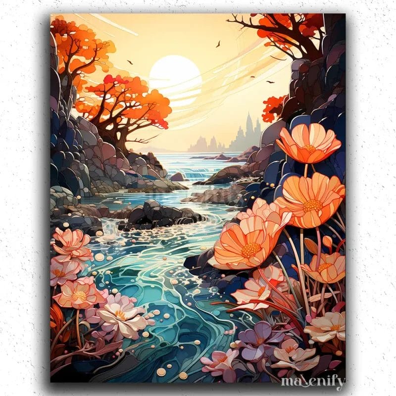 Pink Flowers and River