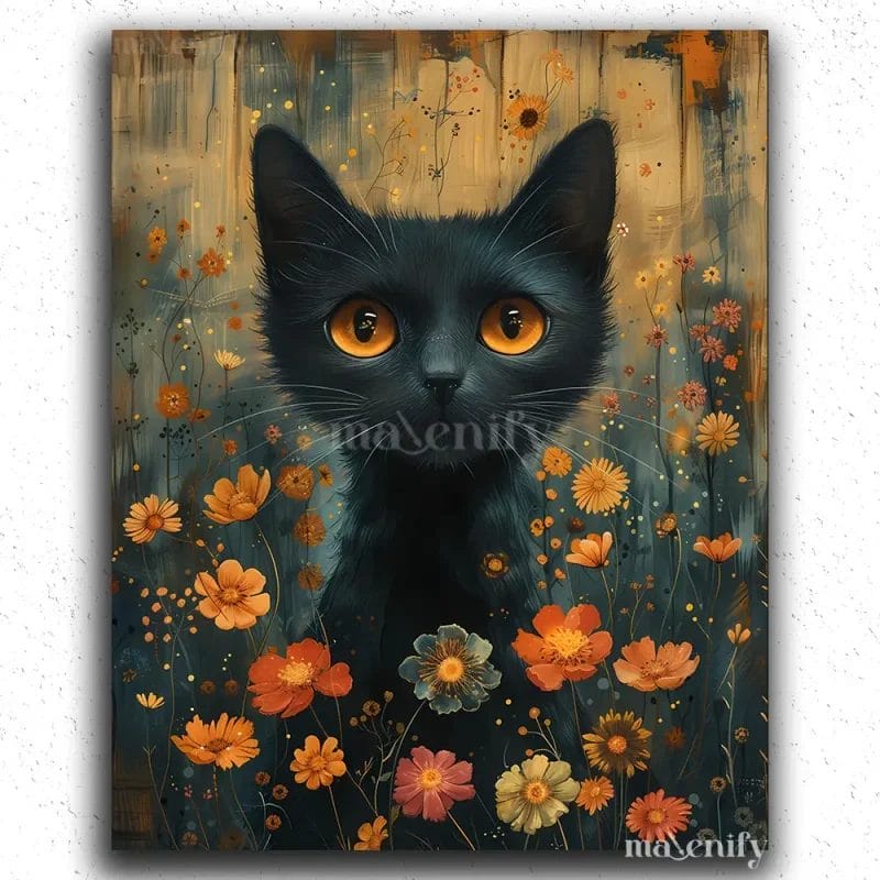 Black Cat and Flowers