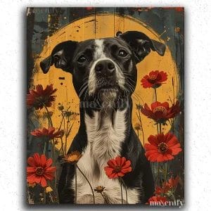 Cute Black Dog and Flowers