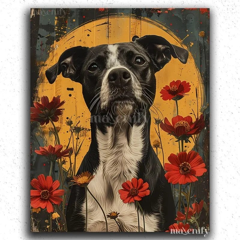 Cute Black Dog and Flowers