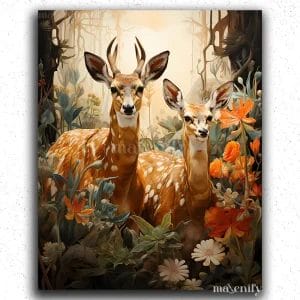 Flowers and Two Deer