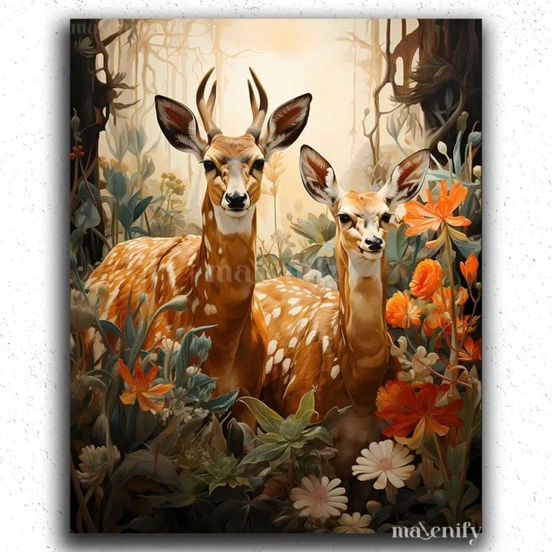 Flowers and Two Deer
