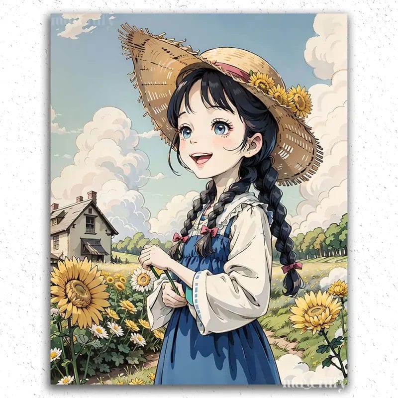 Happy Girl and Sunflowers Anime
